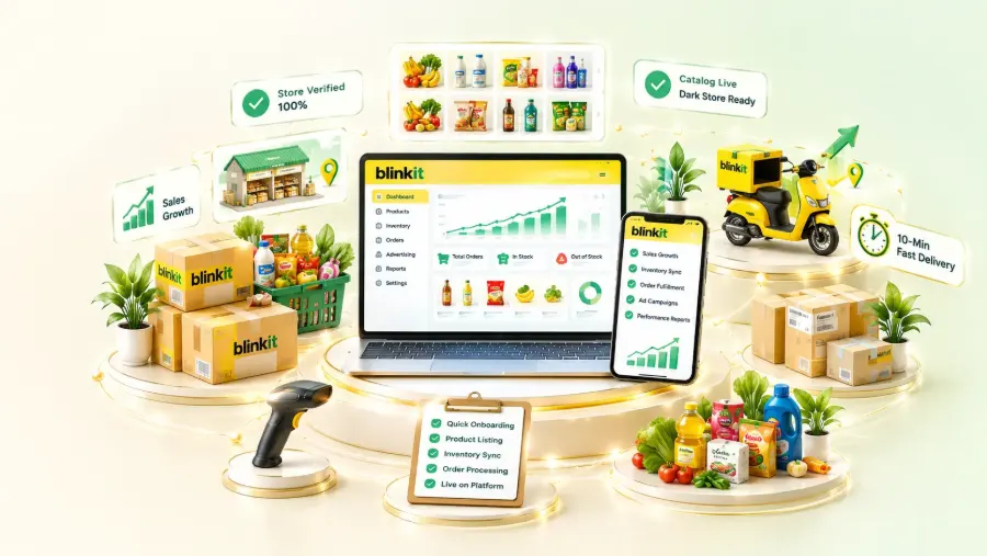Blinkit account management for grocery catalog, inventory sync, dark store readiness and quick commerce growth by Umecomweb