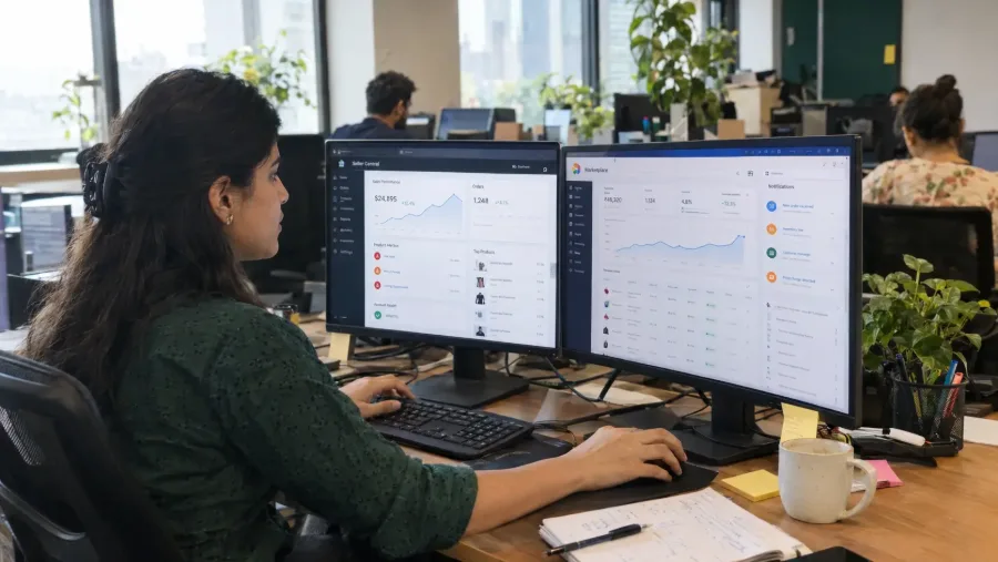 Ecommerce account manager analyzing seller central metrics and marketplace dashboards across dual monitors
