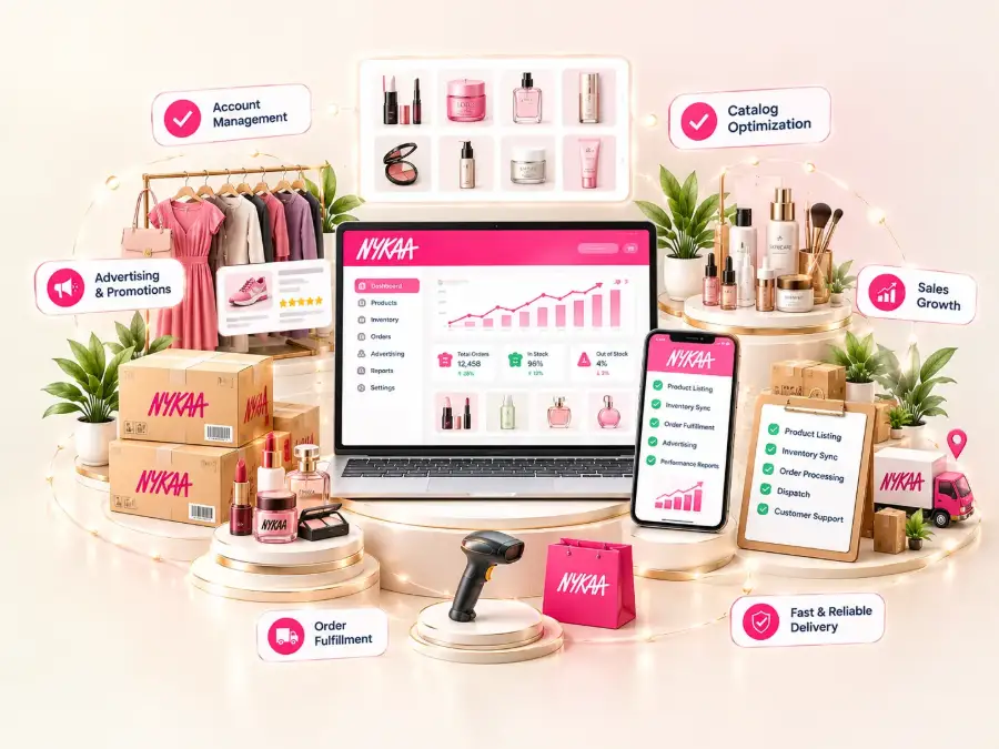 Nykaa account management services for beauty catalog, inventory, ads, orders and sales growth by Umecomweb