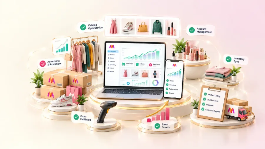 Myntra account management services for fashion catalog, inventory, listings, orders and sales growth by Umecomweb