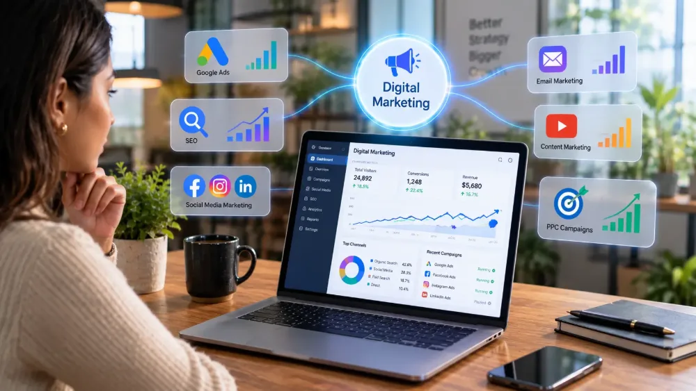 Digital marketing campaign dashboard with Google Ads, social media and email marketing