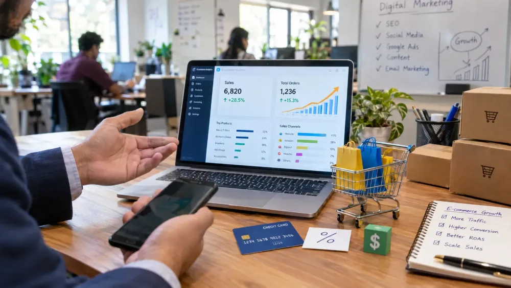 Ecommerce seller account management dashboard on a laptop with sales analytics
