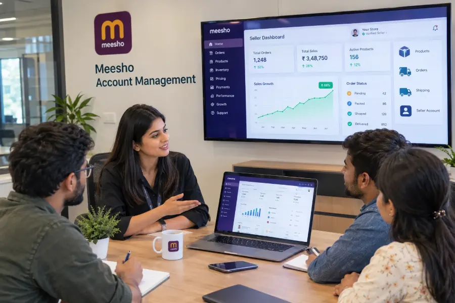 Account manager holding a tablet next to a Meesho sales growth dashboard and product catalog icons