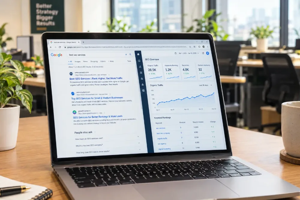 SEO services dashboard showing Google search rankings and organic traffic growth